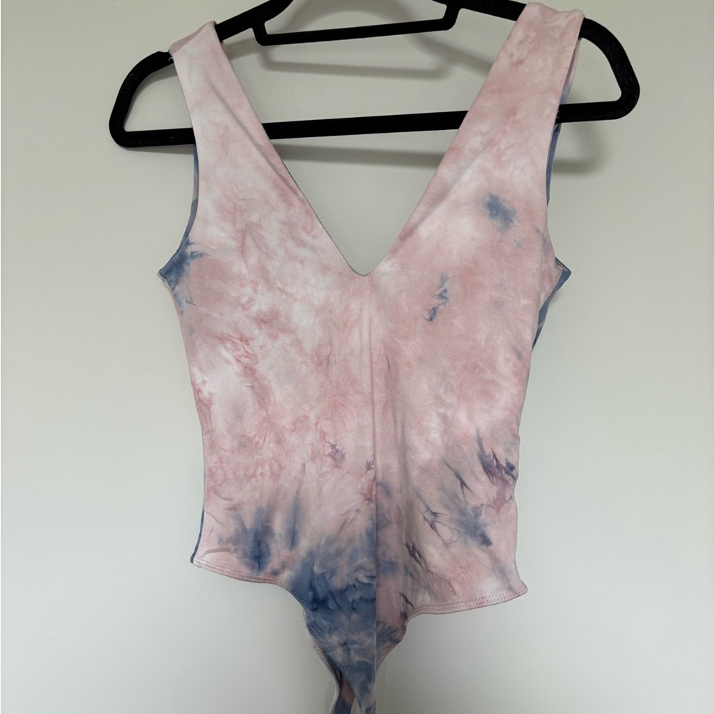 Pink and Blue Sleeveless Tie Front Bodysuit
